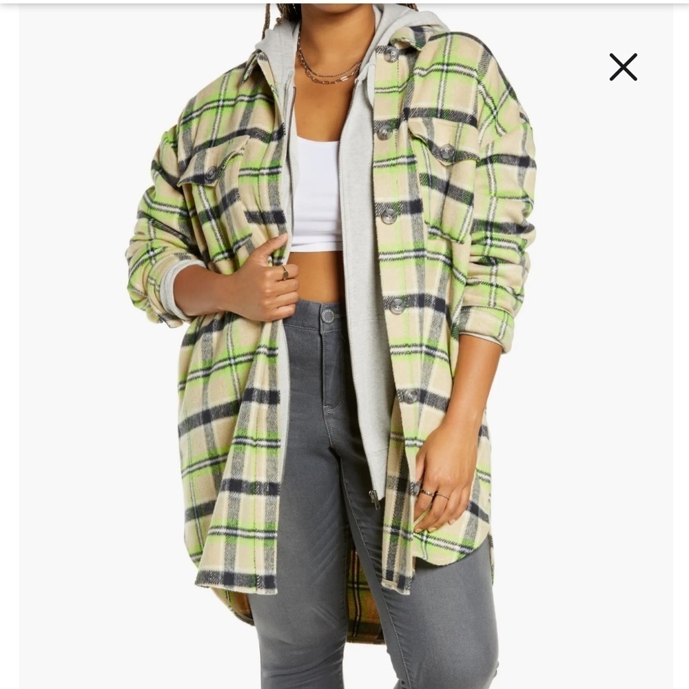 BP Brushed Plaid Oversize Shirt Jacket shacket XS- Green and Gray